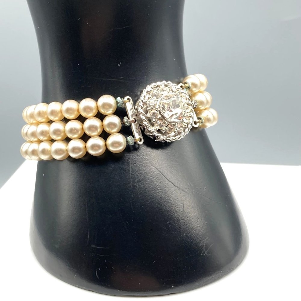 Triple Strand Elegant Glass Pearl Bracelet, Lustrous Multi Strand White